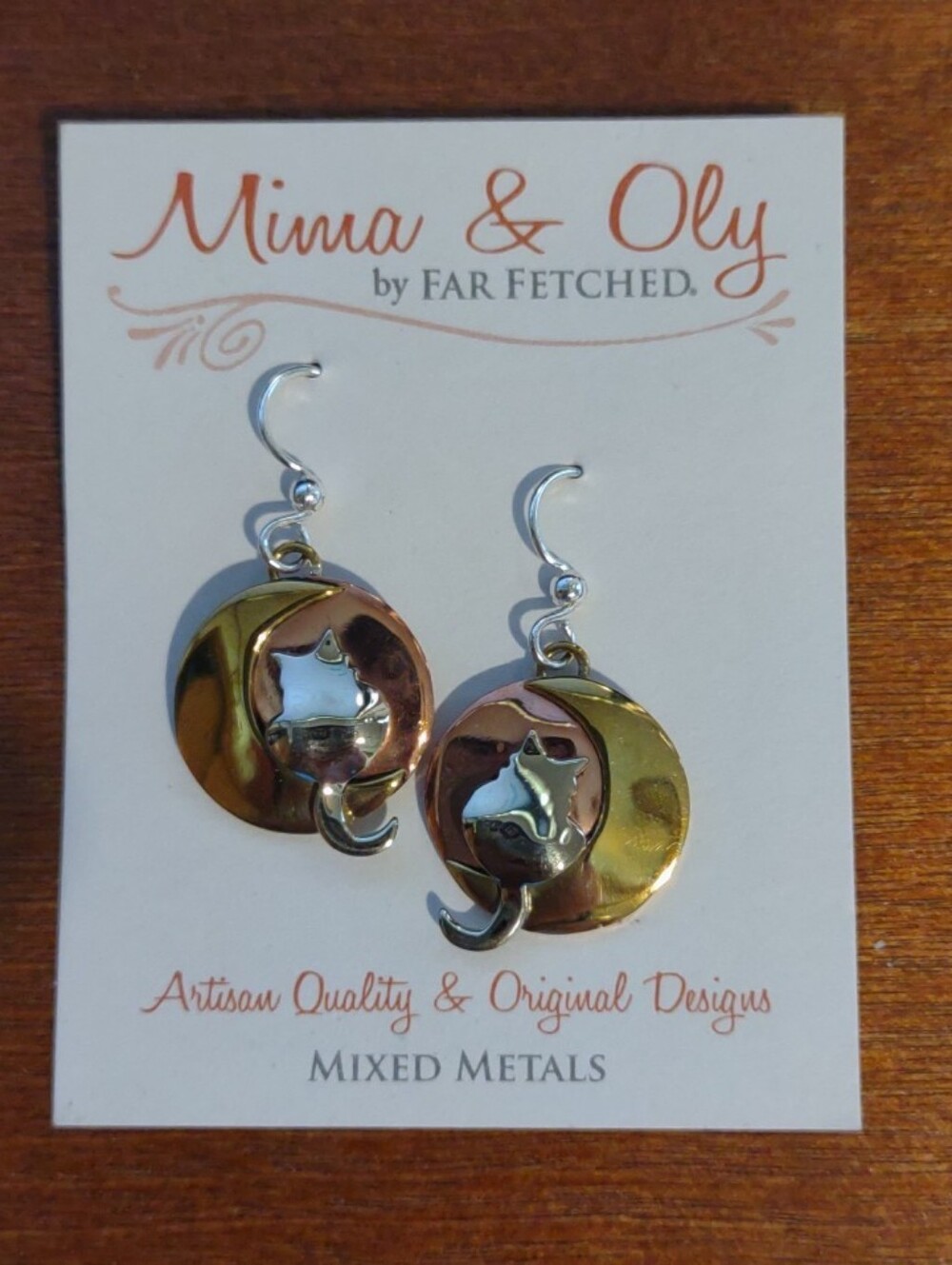 Far Fetched Mima & Oly CATs on CRESCENT MOON EARRINGS Mixed Metals Vintage Kitty